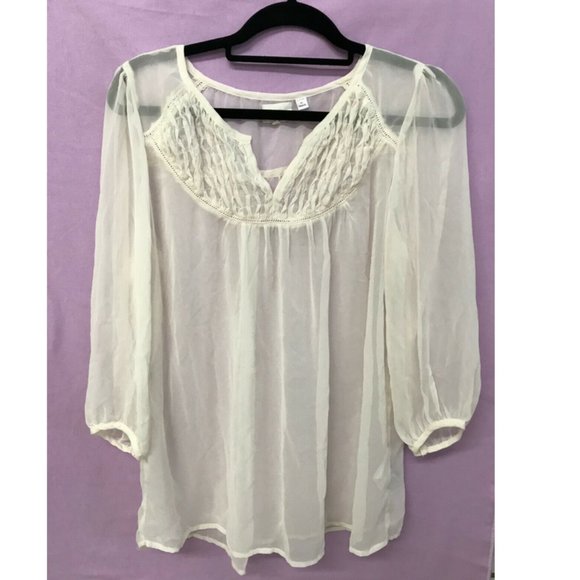 Peppercorn Delicate Sheer Ivory Long Sleeve Poet Blouse with Smocking Detail - Picture 1 of 6